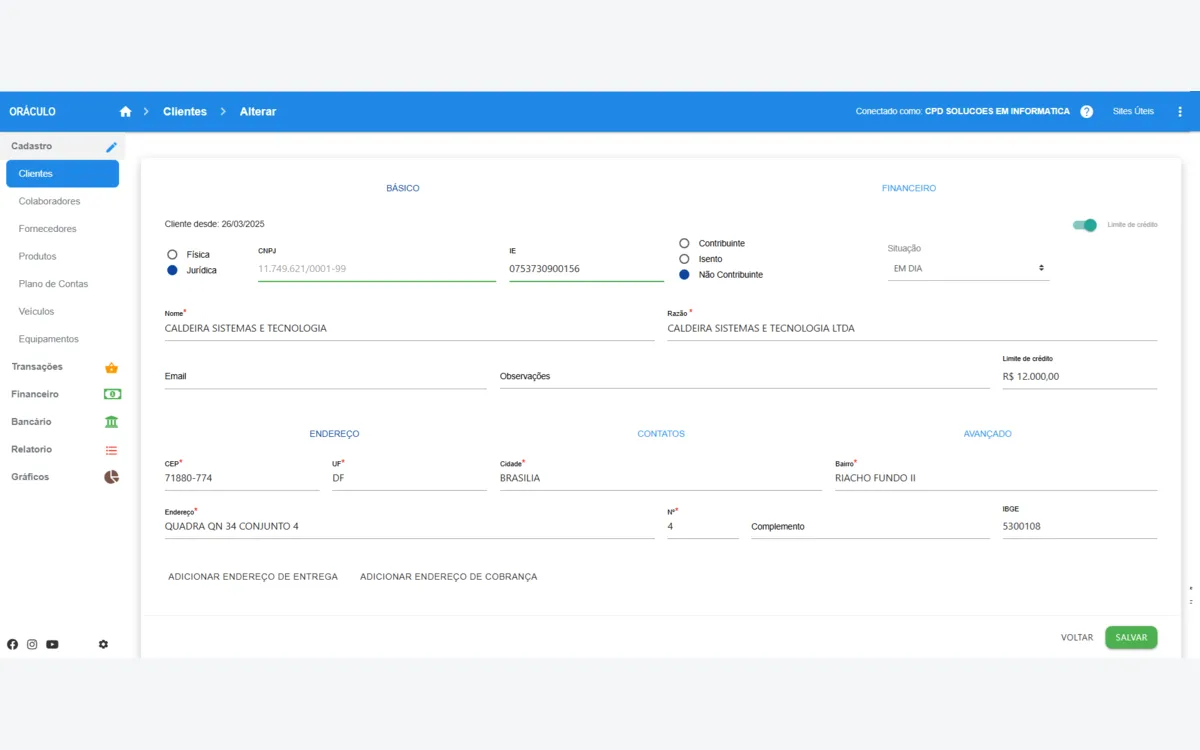Tela do sistema Oráculo — Cadastro de clientes