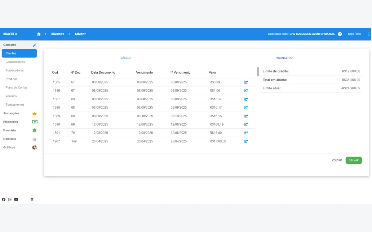 Tela do sistema Oráculo — Financeiro do Cliente