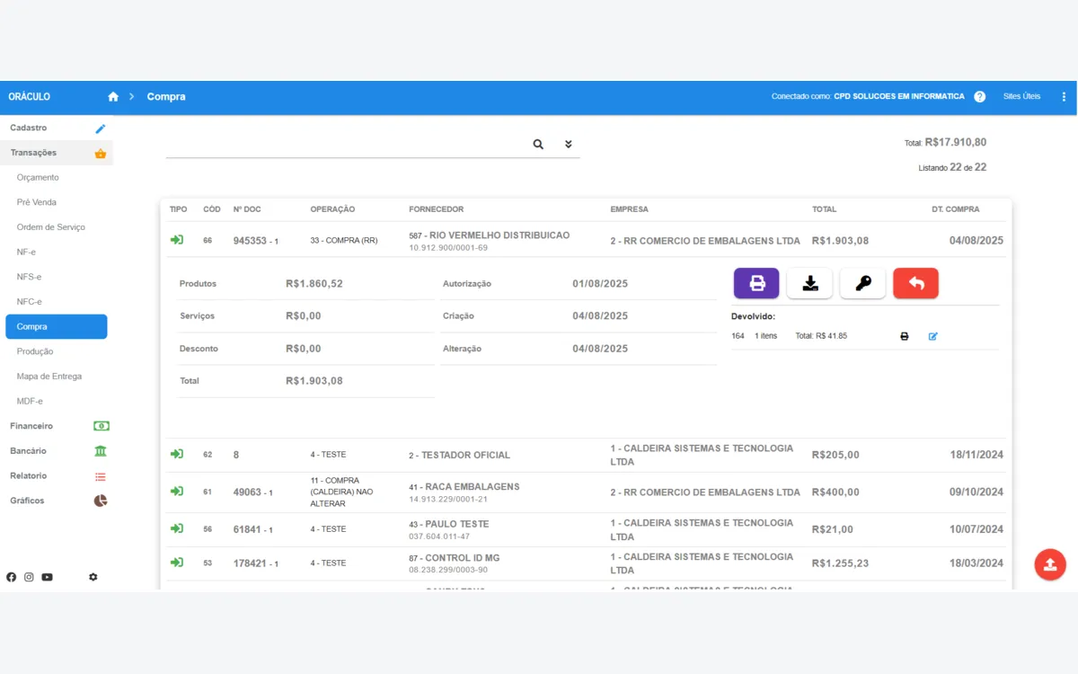 Tela do sistema Oráculo — Listagem de compras