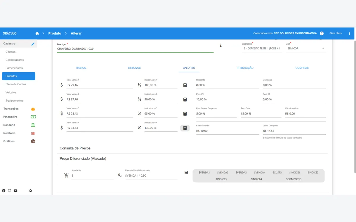 Tela do sistema Oráculo — Formação de preço e Atacarejo