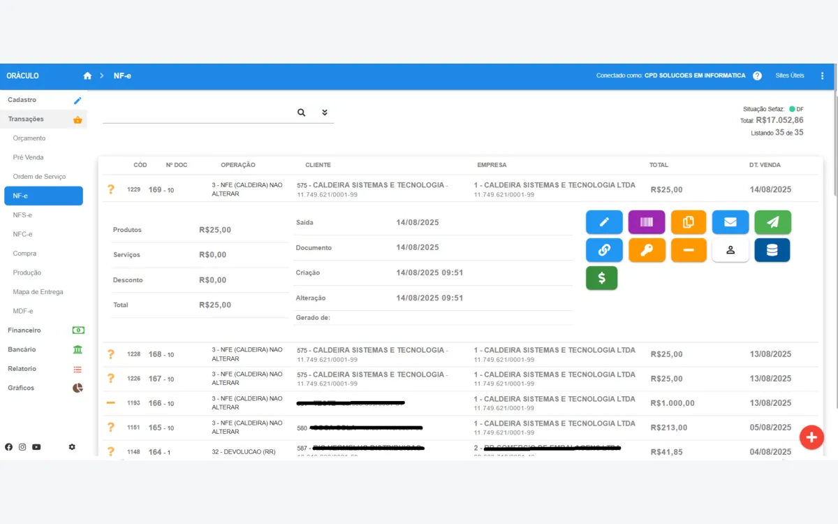 Tela do sistema Oráculo — Listagem de Notas Fiscais